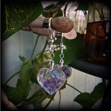 Load image into Gallery viewer, Amethyst ear hangers Heart plug earrings Gemstone weights Gauged earrings Plug dangles Dangly plugs Tunnel dangles Tunnel earrings 00g 0g 2g