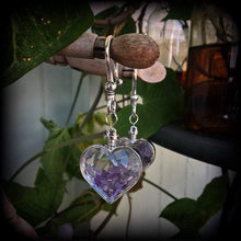 Load image into Gallery viewer, Amethyst ear hangers Heart plug earrings Gemstone weights Gauged earrings Plug dangles Dangly plugs Tunnel dangles Tunnel earrings 00g 0g 2g