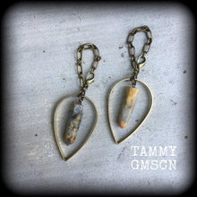 Load image into Gallery viewer, Brass ear hangers, Goddess weights, Plug dangles, Artemis jewelry, Tunnel dangles, Gauged earrings, Hanging gauges, Agate ear weights, 0g 2g