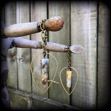 Load image into Gallery viewer, Brass ear hangers, Goddess weights, Plug dangles, Artemis jewelry, Tunnel dangles, Gauged earrings, Hanging gauges, Agate ear weights, 0g 2g