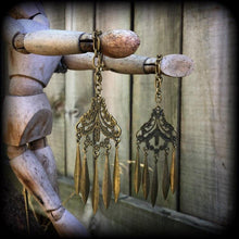 Load image into Gallery viewer, Artemis ear hangers, Goddess jewelry, Tunnel dangles, Plug dangles, Bronze ear weights, Bronze jewelry, Hanging gauges, Gauged earrings 00g