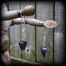 Load image into Gallery viewer, Amethyst ear hangers, Crystal weights, Stone Tunnel dangles, Gemstone weights, Boho jewelry, Plug dangles, Gauged earrings, Hanging gauges