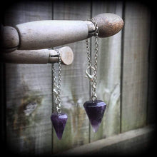 Load image into Gallery viewer, Amethyst ear hangers, Crystal weights, Stone Tunnel dangles, Gemstone weights, Boho jewelry, Plug dangles, Gauged earrings, Hanging gauges