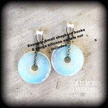 Load image into Gallery viewer, 2 gauge gemstone weights 8mm ear weights Moonstone ear hangers 6mm plug dangles Opalite tunnel weights Hanging gauges Gauged earrings 00g 2g