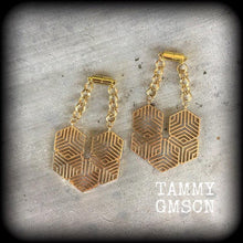 Load image into Gallery viewer, Hexagon Ear hangers, 00 gauge, 12mm, 14mm, Geometric ear weights, Plug dangles, Hanging gauges, Gauged earrings, Plug gauges, Tunnel dangles