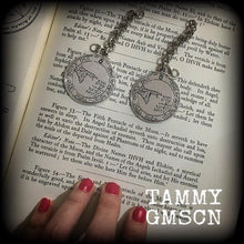 Load image into Gallery viewer, Sigil earrings, Pentacle of the Moon, Moon Talisman, Occult jewelry, 10mm gauges, Esoteric earrings, Seal of Solomon, Tunnel dangles, Gauges