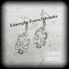 Load image into Gallery viewer, Jigsaw earrings Puzzle piece earrings Autism earrings Autism jewelry Kitsch earrings Gamer earrings Nerd earrings 8g 6g 4g Tunnel earrings
