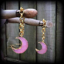 Load image into Gallery viewer, Moon tunnel dangles 10mm weights 00 gauge Druzy ear hangers Moon tunnel earrings Crescent moon Moon jewelry Gauged earrings Gauges 7/16 1/2