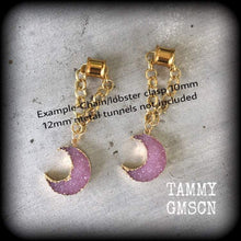 Load image into Gallery viewer, Moon tunnel dangles 10mm weights 00 gauge Druzy ear hangers Moon tunnel earrings Crescent moon Moon jewelry Gauged earrings Gauges 7/16 1/2