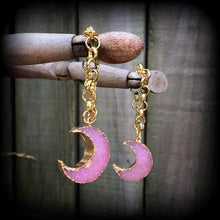 Load image into Gallery viewer, Moon tunnel dangles 10mm weights 00 gauge Druzy ear hangers Moon tunnel earrings Crescent moon Moon jewelry Gauged earrings Gauges 7/16 1/2