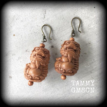 Load image into Gallery viewer, 3mm ear weights 8 gauge ear hangers Foo Dog Temple Dog Chinese New Year Tunnel dangles Gauges Hanging gauges Plug dangles Gauged earrings