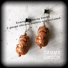 Load image into Gallery viewer, 3mm ear weights 8 gauge ear hangers Foo Dog Temple Dog Chinese New Year Tunnel dangles Gauges Hanging gauges Plug dangles Gauged earrings