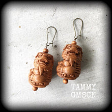 Load image into Gallery viewer, Foo Dog earrings, Wood earrings, Chinese Lion ear weights, Carved Wood earrings, Organic earrings, Chinese New Year Zodiac, Tunnel earrings