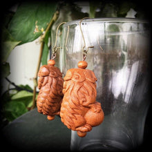 Load image into Gallery viewer, Foo Dog earrings, Wood earrings, Chinese Lion ear weights, Carved Wood earrings, Organic earrings, Chinese New Year Zodiac, Tunnel earrings