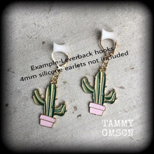 Load image into Gallery viewer, Cactus earrings Succulent earrings Plant jewelry Vegan earrings Cactus jewelry Dangle earrings Vegetarian jewelry Desert jewelry Gauges