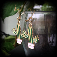 Load image into Gallery viewer, Cactus earrings Succulent earrings Plant jewelry Vegan earrings Cactus jewelry Dangle earrings Vegetarian jewelry Desert jewelry Gauges
