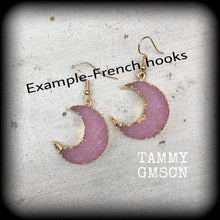 Load image into Gallery viewer, Crescent moon earrings Moon earrings Pink Druzy earrings Quartz earrings Tunnel earrings Plug earrings Moon jewelry Druzy jewelry Gauge