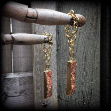 Load image into Gallery viewer, Druzy ear hangers, Quartz tunnel dangles, Druzy tunnel earrings, Orange earrings, Quartz jewelry, Gauged earrings, 00g, 0g, 10mm, 12mm, 14mm