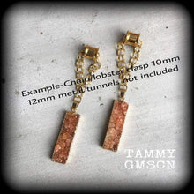 Load image into Gallery viewer, Druzy ear hangers, Quartz tunnel dangles, Druzy tunnel earrings, Orange earrings, Quartz jewelry, Gauged earrings, 00g, 0g, 10mm, 12mm, 14mm