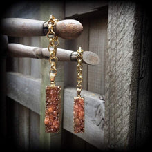 Load image into Gallery viewer, Druzy ear hangers, Quartz tunnel dangles, Druzy tunnel earrings, Orange earrings, Quartz jewelry, Gauged earrings, 00g, 0g, 10mm, 12mm, 14mm