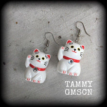 Load image into Gallery viewer, Cat earrings Maneki Neko Earrings Happy Cat earrings Japanese earrings Beckoning Cat Plug earrings Tunnel earrings Crazy cat lady jewelry
