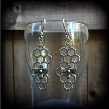 Load image into Gallery viewer, Honeycomb earrings, Bee earrings, Hexagon earrings, Geometric earrings, Tunnel earrings, Sacred Geometry, Plug earrings, Bee hive earrings