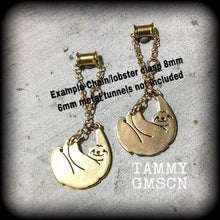 Load image into Gallery viewer, Sloth ear hangers, 4mm gauges, 6 gauge earrings, Sloths, Plug gauges, Hanging gauges, Gauged earrings, Plug dangles, Tunnel dangles 4g 2g