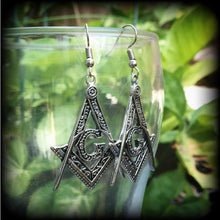 Load image into Gallery viewer, Freemason earrings, Sigil earrings, Esoteric jewelry, Capital G, Occult jewelry, OES, Esoteric earrings, Fraternity jewelry, Tunnel dangles