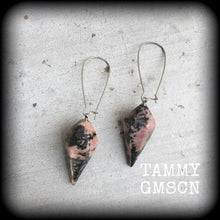Load image into Gallery viewer, Rhodonite earrings Gemstone earrings Pink earrings Plug earrings Gemstone tunnel earrings 3mm gauged earrings Kidney hooks Leverback hooks