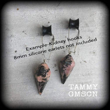Load image into Gallery viewer, Rhodonite earrings Gemstone earrings Pink earrings Plug earrings Gemstone tunnel earrings 3mm gauged earrings Kidney hooks Leverback hooks