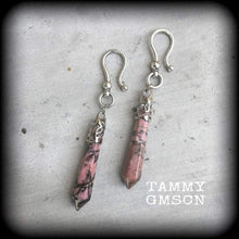 Load image into Gallery viewer, 2 gauge 6mm Rhodonite tunnel dangles, Gemstone ear hangers Plug dangles Gauged earrings Hanging gauges Ear weights, Plug weights 2g 0g 00g