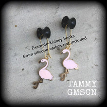 Load image into Gallery viewer, Flamingo earrings Bird earrings Kitsch earrings Cute earrings Retro earrings Pink flamingo John Waters Earrings for pierced ears or gauges