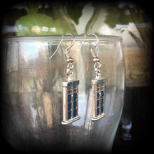 Load image into Gallery viewer, Dr Who earrings Tardis earrings Phone box earrings Tom Baker Science Fiction jewelry Geek earrings Tunnel earrings Plug earrings Pierced ear