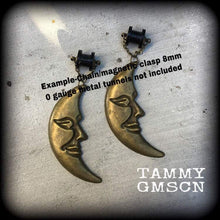 Load image into Gallery viewer, Crescent Moon earrings Bronze moon earrings Pagan jewelry Witchy jewelry Coven jewelry Tunnel earrings Plug dangles Tunnel dangles Gauges