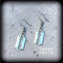 Load image into Gallery viewer, Razor blade earrings Weapons jewelry Punk Skinhead Tunnel earrings Plug dangles Punk jewelry Riot Grrl jewelry Gauges Feminism Feminist 2g