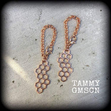 Load image into Gallery viewer, 8mm ear weights 00 gauge 0 gauge Honeycomb ear hangers Bee hive Hexagon Geometric weights Plug dangles Gauged earrings Hanging gauges 2g 4g