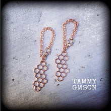 Load image into Gallery viewer, 8mm ear weights 00 gauge 0 gauge Honeycomb ear hangers Bee hive Hexagon Geometric weights Plug dangles Gauged earrings Hanging gauges 2g 4g