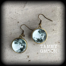 Load image into Gallery viewer, Bronze Moon earrings Full moon earrings Moon goddess earrings Pagan earrings Witchy earrings Moon jewelry Tunnel earrings Plug earrings