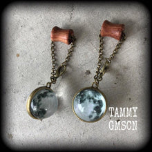 Load image into Gallery viewer, 4mm plug dangles 6mm tunnel earrings 8mm 4 gauge 2 guage Ear weights Bronze moon Ear weights Hanging gauges Plug dangles Moon jewelry Gauges
