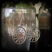 Load image into Gallery viewer, Sunwheel earrings, Rune earrings, Viking jewelry, Black sun, Viking earrings, Norse jewelry, Asatru jewelry, Tunnel earrings, Plug earrings