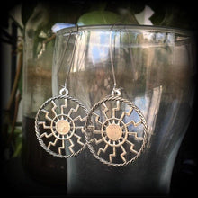 Load image into Gallery viewer, Sunwheel earrings, Rune earrings, Viking jewelry, Black sun, Viking earrings, Norse jewelry, Asatru jewelry, Tunnel earrings, Plug earrings