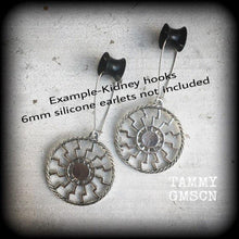 Load image into Gallery viewer, Sunwheel earrings, Rune earrings, Viking jewelry, Black sun, Viking earrings, Norse jewelry, Asatru jewelry, Tunnel earrings, Plug earrings
