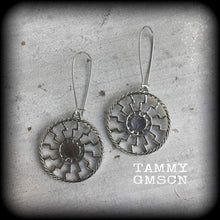 Load image into Gallery viewer, Sunwheel earrings, Rune earrings, Viking jewelry, Black sun, Viking earrings, Norse jewelry, Asatru jewelry, Tunnel earrings, Plug earrings