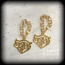 Load image into Gallery viewer, 00 gauge Eye of Udjat ear weights, 10mm weights, Eye of Ra ear hangers, Egyptian tunnel dangles, Gauged earrings, Tunnel dangles, 12mm 14mm