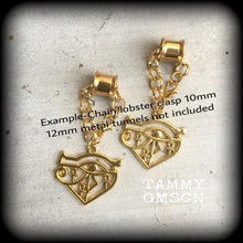 Load image into Gallery viewer, 00 gauge Eye of Udjat ear weights, 10mm weights, Eye of Ra ear hangers, Egyptian tunnel dangles, Gauged earrings, Tunnel dangles, 12mm 14mm