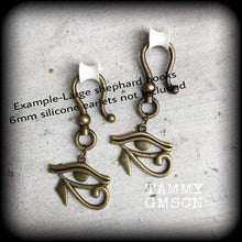 Load image into Gallery viewer, 6mm ear weights 0 gauge Tunnel dangles Plug dangles Eye of Horus Bronze ear weights Eye of Ra Gauged earrings Hanging gauges 00 guage 8mm