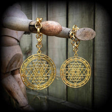 Load image into Gallery viewer, Sri Yantra Ear weights, 10mm, 00 gauge, Hanging gauges, Plug dangles, Gauged earrings, Ear Hangers, Tunnel dangles, 12mm, 14mm, 16mm, 18mm