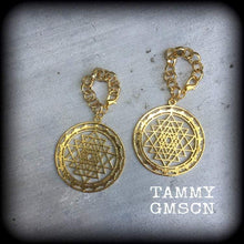 Load image into Gallery viewer, Sri Yantra Ear weights, 10mm, 00 gauge, Hanging gauges, Plug dangles, Gauged earrings, Ear Hangers, Tunnel dangles, 12mm, 14mm, 16mm, 18mm