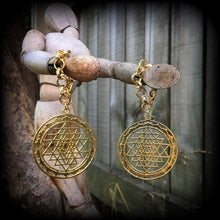 Load image into Gallery viewer, Sri Yantra Ear weights, 10mm, 00 gauge, Hanging gauges, Plug dangles, Gauged earrings, Ear Hangers, Tunnel dangles, 12mm, 14mm, 16mm, 18mm