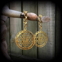 Load image into Gallery viewer, Sri Yantra Ear weights, 10mm, 00 gauge, Hanging gauges, Plug dangles, Gauged earrings, Ear Hangers, Tunnel dangles, 12mm, 14mm, 16mm, 18mm
